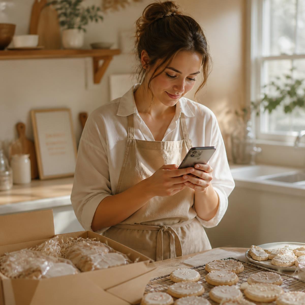 A home baker checking new cookie orders on her phone in a sunlit kitchen