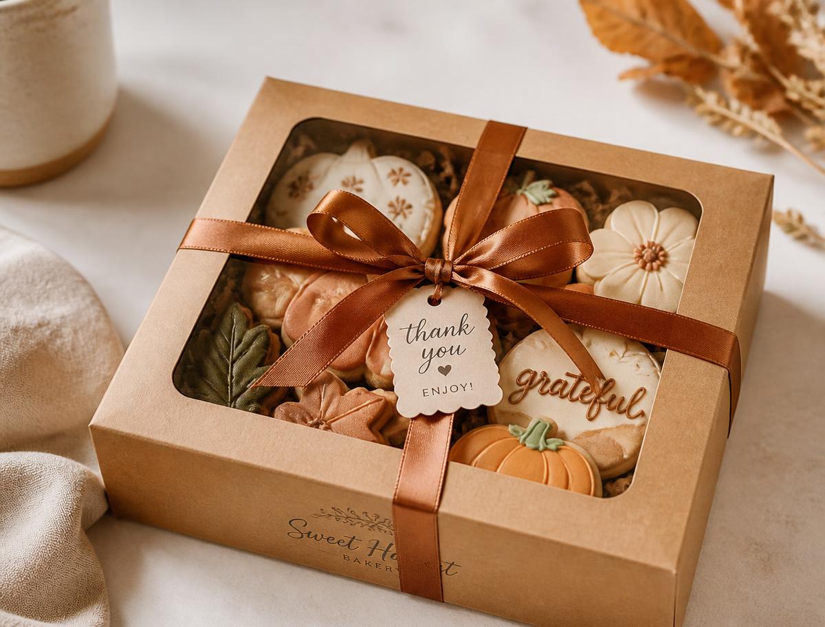 A kraft bakery box of decorated cookies tied with ribbon, boxed for pickup
